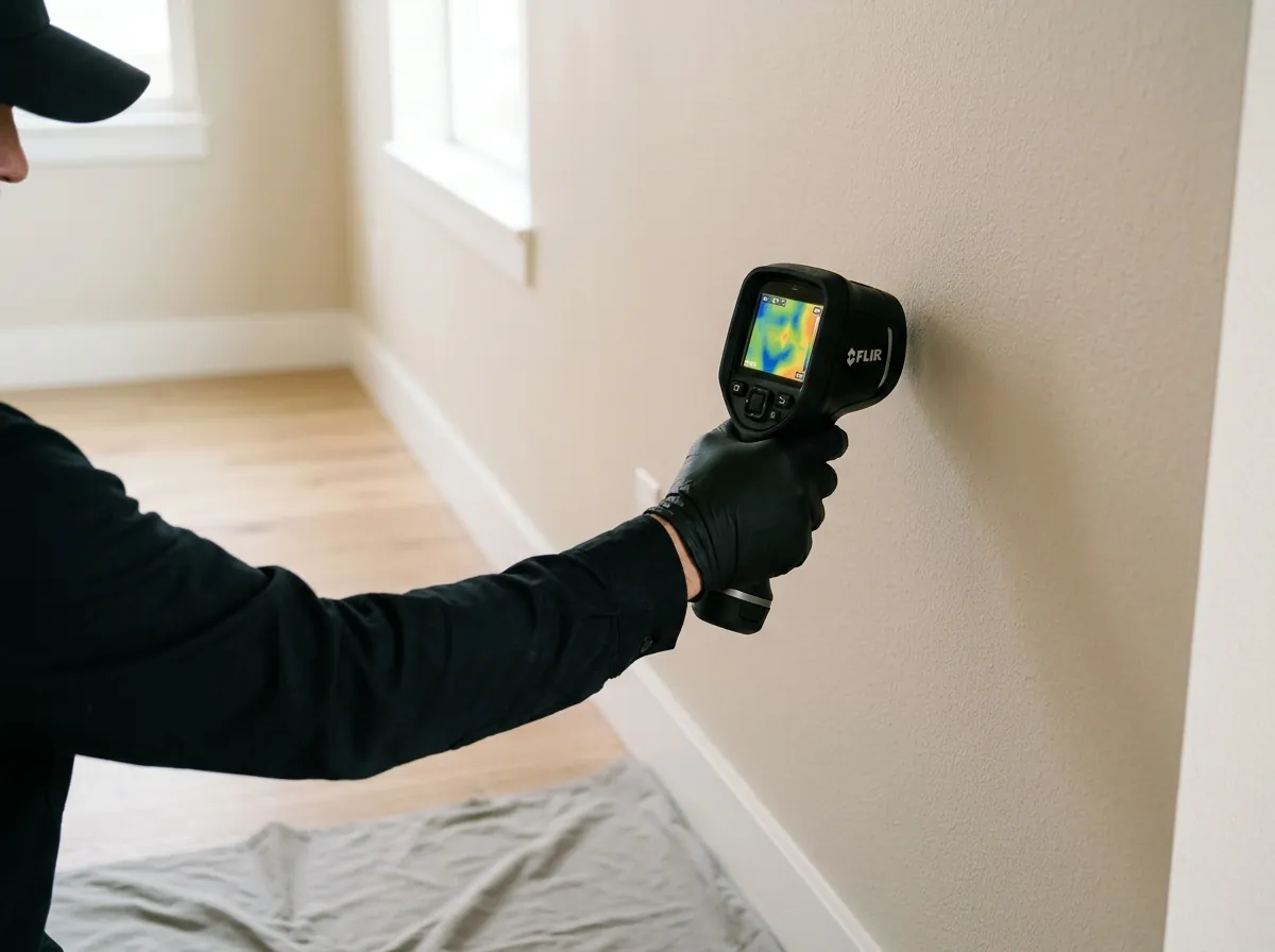 master plumber using leak detection equipment inside residents home.