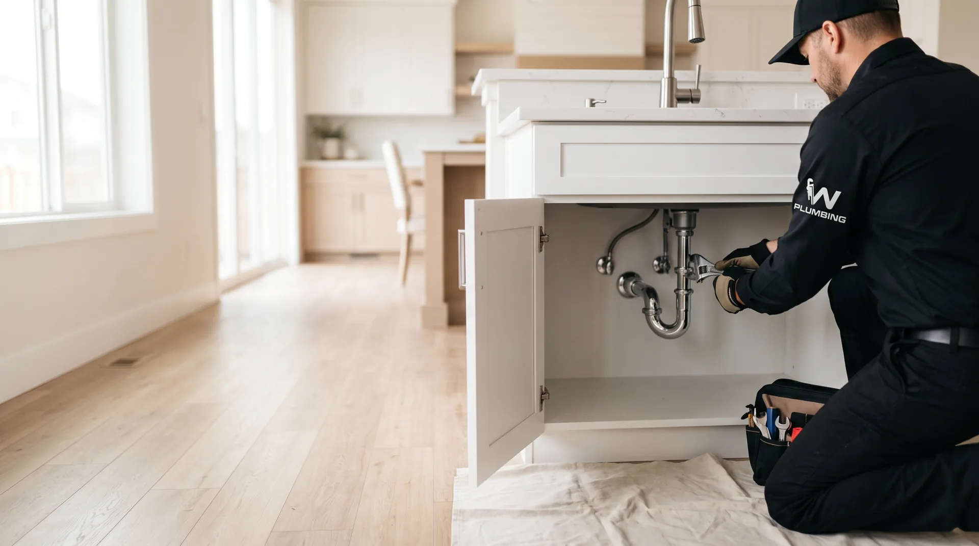 Plumber working on a sink drain in Westminster, CO