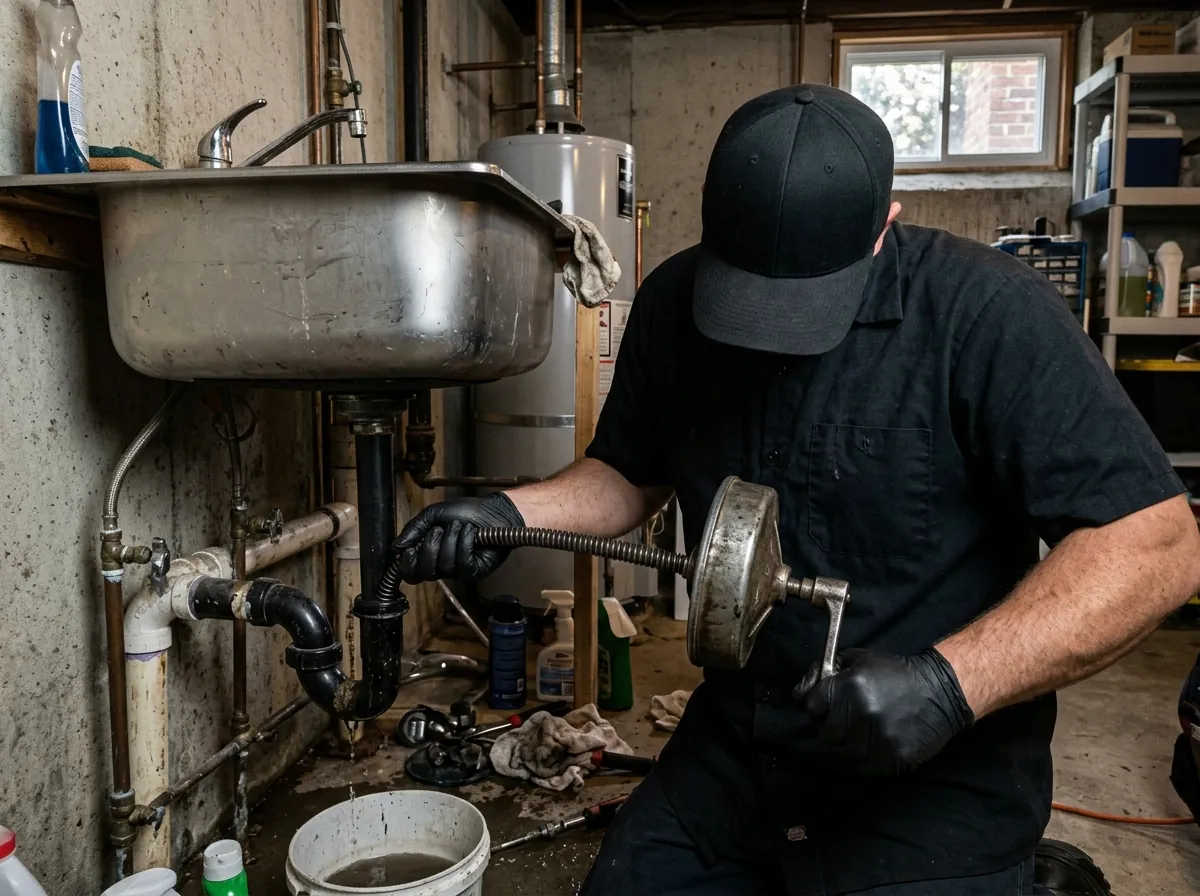Technician inspecting dishwasher drain connection in Westminster, Colorado.