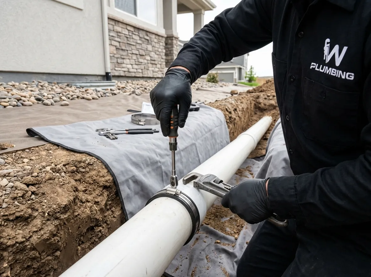 A man is fixing a pipe with a wrench