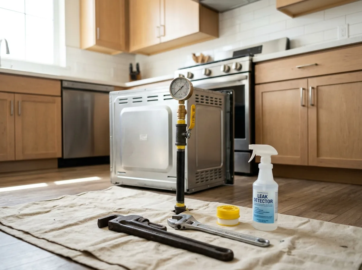 Plumber connecting a gas line to a range in Westminster, CO